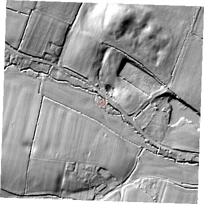 Shaded relief map of the ground around CM14LT, computed from Environment Agency LiDAR. The ground here sits at about 35 m above sea level and falls 18 m across the surrounding 800 m. Surface water reaching this point runs off ground lying to the north-north-east, 16.8 m higher.