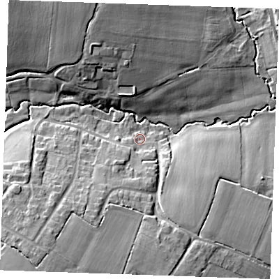 Shaded relief map of the ground around CM14PA, computed from Environment Agency LiDAR. The ground here sits at about 38 m above sea level and falls 15 m across the surrounding 800 m. Surface water reaching this point runs off ground lying to the south-south-west, 7.1 m higher.