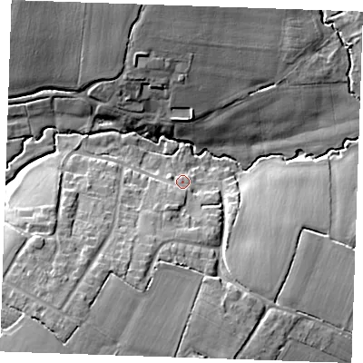 Shaded relief map of the ground around CM14PB, computed from Environment Agency LiDAR. The ground here sits at about 39 m above sea level and falls 15 m across the surrounding 800 m. Surface water reaching this point runs off ground lying to the south-south-west, 4.6 m higher.