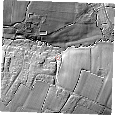 Shaded relief map of the ground around CM14PD, computed from Environment Agency LiDAR. The ground here sits at about 39 m above sea level and falls 16 m across the surrounding 800 m. Surface water reaching this point runs off ground lying to the south-west, 11.3 m higher.