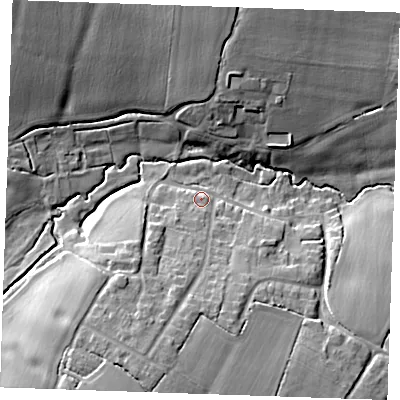 Shaded relief map of the ground around CM14PE, computed from Environment Agency LiDAR. The ground here sits at about 40 m above sea level and falls 14 m across the surrounding 800 m. Surface water reaching this point runs off ground lying to the south-south-west, 7.7 m higher.