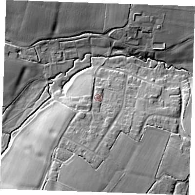 Shaded relief map of the ground around CM14PF, computed from Environment Agency LiDAR. The ground here sits at about 44 m above sea level and falls 15 m across the surrounding 800 m. Surface water reaching this point runs off ground lying to the south-south-west, 6.0 m higher.