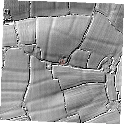 Shaded relief map of the ground around CM14PZ, computed from Environment Agency LiDAR. The ground here sits at about 60 m above sea level and falls 21 m across the surrounding 800 m. Surface water reaching this point runs off ground lying to the west, 11.8 m higher.