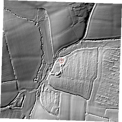 Shaded relief map of the ground around CM14QL, computed from Environment Agency LiDAR. The ground here sits at about 56 m above sea level and falls 19 m across the surrounding 800 m. Surface water reaching this point runs off ground lying to the east-south-east, 10.9 m higher.