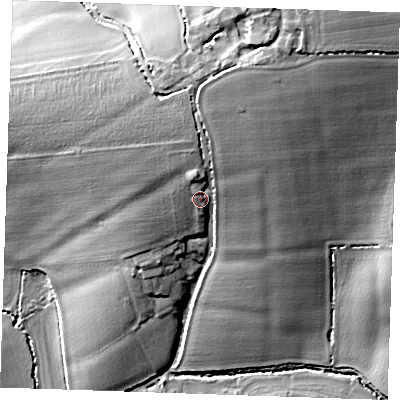 Shaded relief map of the ground around CM14QN, computed from Environment Agency LiDAR. The ground here sits at about 70 m above sea level and falls 22 m across the surrounding 800 m. Surface water reaching this point runs off ground lying to the north-north-east, 7.1 m higher.