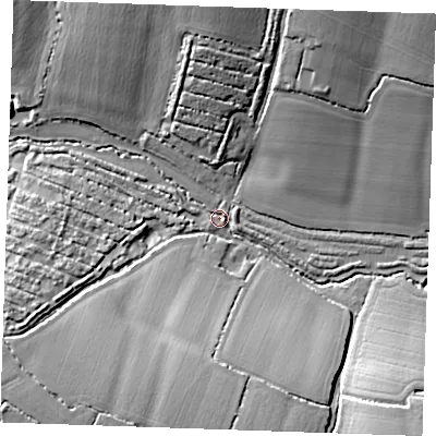 Shaded relief map of the ground around CM14RY, computed from Environment Agency LiDAR. The ground here sits at about 46 m above sea level and falls 19 m across the surrounding 800 m. Surface water reaching this point runs off ground lying to the north, 12.8 m higher.
