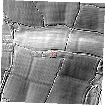 Shaded relief map of the ground around CM14RZ, computed from Environment Agency LiDAR. The ground here sits at about 64 m above sea level and falls 21 m across the surrounding 800 m. Surface water reaching this point runs off ground lying to the west-south-west, 3.2 m higher.