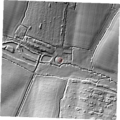 Shaded relief map of the ground around CM14SA, computed from Environment Agency LiDAR. The ground here sits at about 44 m above sea level and falls 18 m across the surrounding 800 m. Surface water reaching this point runs off ground lying to the north, 16.3 m higher.