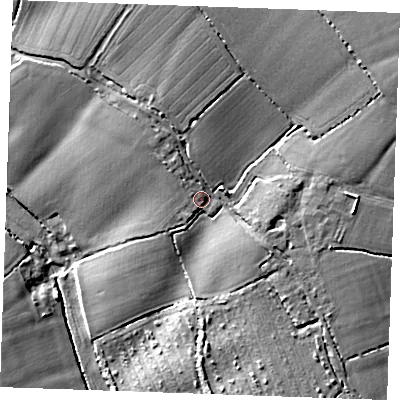Shaded relief map of the ground around CM14SX, computed from Environment Agency LiDAR. The ground here sits at about 54 m above sea level and falls 21 m across the surrounding 800 m. Surface water reaching this point runs off ground lying to the north-north-west, 3.9 m higher.