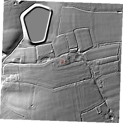 Shaded relief map of the ground around CM14TZ, computed from Environment Agency LiDAR. The ground here sits at about 49 m above sea level and falls 14 m across the surrounding 800 m. Surface water reaching this point runs off ground lying to the south-south-west, 0.7 m higher.