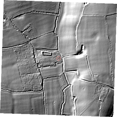 Shaded relief map of the ground around CM14UA, computed from Environment Agency LiDAR. The ground here sits at about 35 m above sea level and falls 14 m across the surrounding 800 m. Surface water reaching this point runs off ground lying to the north-east, 12.3 m higher.