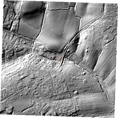 Shaded relief map of the ground around CM150DA, computed from Environment Agency LiDAR. The ground here sits at about 77 m above sea level and falls 26 m across the surrounding 800 m. Surface water reaching this point runs off ground lying to the north-north-west, 17.1 m higher.