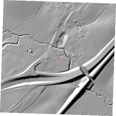 Shaded relief map of the ground around CM150FF, computed from Environment Agency LiDAR. The ground here sits at about 54 m above sea level and falls 19 m across the surrounding 800 m. Surface water reaching this point runs off ground lying to the west-south-west, 1.8 m higher.