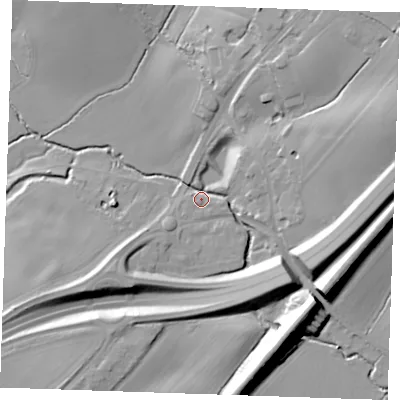 Shaded relief map of the ground around CM150FG, computed from Environment Agency LiDAR. The ground here sits at about 54 m above sea level and falls 19 m across the surrounding 800 m. Surface water reaching this point runs off ground lying to the north-east, 17.8 m higher.