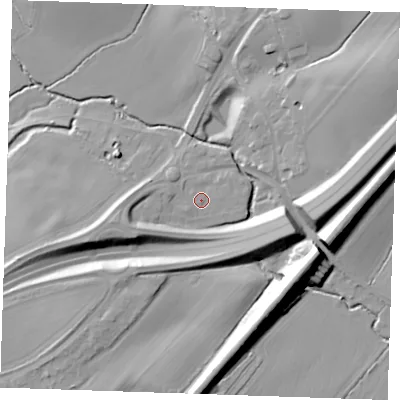 Shaded relief map of the ground around CM150FH, computed from Environment Agency LiDAR. The ground here sits at about 54 m above sea level and falls 18 m across the surrounding 800 m. Surface water reaching this point runs off ground lying to the west-south-west, 7.7 m higher.