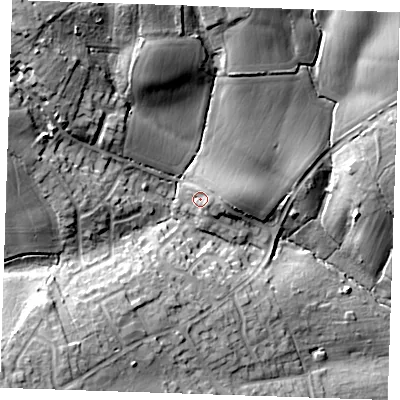 Shaded relief map of the ground around CM150LZ, computed from Environment Agency LiDAR. The ground here sits at about 81 m above sea level and falls 27 m across the surrounding 800 m. Surface water reaching this point runs off ground lying to the east, 1.8 m higher.