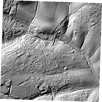 Shaded relief map of the ground around CM150NA, computed from Environment Agency LiDAR. The ground here sits at about 79 m above sea level and falls 24 m across the surrounding 800 m. Surface water reaching this point runs off ground lying to the south-west, 2.5 m higher.