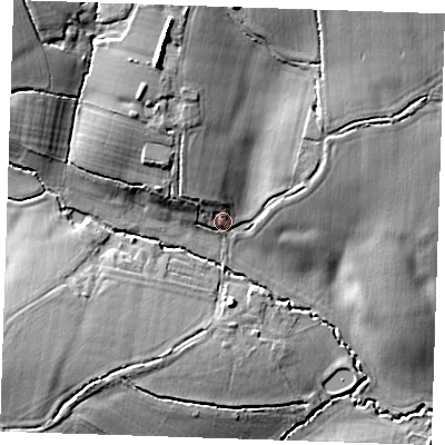 Shaded relief map of the ground around CM150SG, computed from Environment Agency LiDAR. The ground here sits at about 66 m above sea level and falls 16 m across the surrounding 800 m. Surface water reaching this point runs off ground lying to the north, 11.3 m higher.