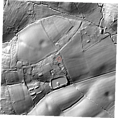 Shaded relief map of the ground around CM150SP, computed from Environment Agency LiDAR. The ground here sits at about 69 m above sea level and falls 20 m across the surrounding 800 m. Surface water reaching this point runs off ground lying to the west-south-west, 2.7 m higher.
