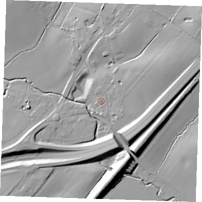 Shaded relief map of the ground around CM150TR, computed from Environment Agency LiDAR. The ground here sits at about 57 m above sea level and falls 26 m across the surrounding 800 m. Surface water reaching this point runs off ground lying to the north-east, 5.6 m higher.
