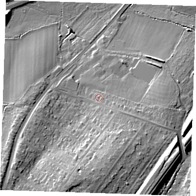 Shaded relief map of the ground around CM158PX, computed from Environment Agency LiDAR. The ground here sits at about 64 m above sea level and falls 22 m across the surrounding 800 m. Surface water reaching this point runs off ground lying to the south-east, 2.6 m higher.