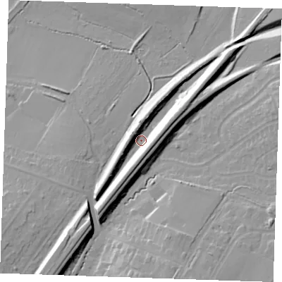 Shaded relief map of the ground around CM158QF, computed from Environment Agency LiDAR. The ground here sits at about 62 m above sea level and falls 19 m across the surrounding 800 m. Surface water reaching this point runs off ground lying to the south-south-west, 12.7 m higher.