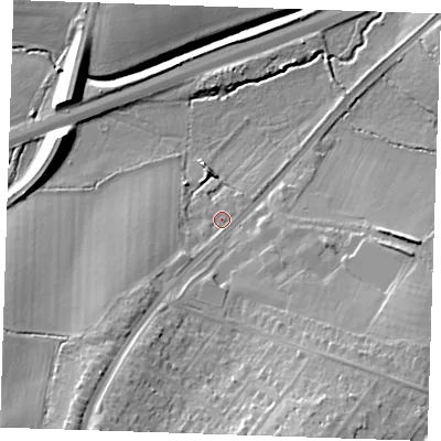 Shaded relief map of the ground around CM158RT, computed from Environment Agency LiDAR. The ground here sits at about 60 m above sea level and falls 20 m across the surrounding 800 m. Surface water reaching this point runs off ground lying to the south-west, 12.2 m higher.