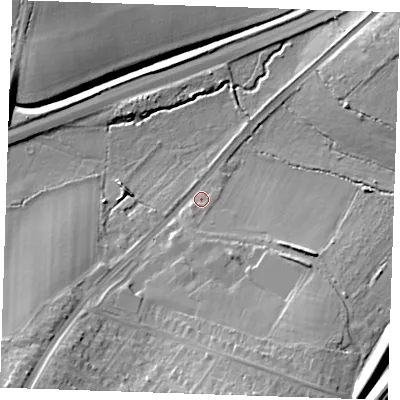 Shaded relief map of the ground around CM158RU, computed from Environment Agency LiDAR. The ground here sits at about 59 m above sea level and falls 18 m across the surrounding 800 m. Surface water reaching this point runs off ground lying to the south-west, 12.2 m higher.