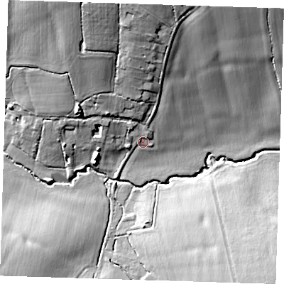 Shaded relief map of the ground around CM166AT, computed from Environment Agency LiDAR. The ground here sits at about 61 m above sea level and falls 20 m across the surrounding 800 m. Surface water reaching this point runs off ground lying to the north-north-west, 15.8 m higher.