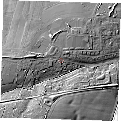 Shaded relief map of the ground around CM166BJ, computed from Environment Agency LiDAR. The ground here sits at about 93 m above sea level and falls 22 m across the surrounding 800 m. Surface water reaching this point runs off ground lying to the west, 8.4 m higher.