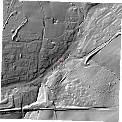 Shaded relief map of the ground around CM166BU, computed from Environment Agency LiDAR. The ground here sits at about 80 m above sea level and falls 23 m across the surrounding 800 m. Surface water reaching this point runs off ground lying to the south-east, 18.0 m higher.