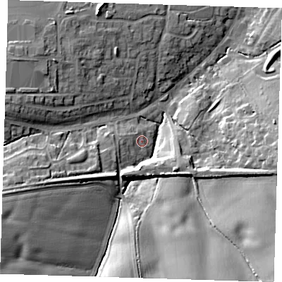 Shaded relief map of the ground around CM166BW, computed from Environment Agency LiDAR. The ground here sits at about 83 m above sea level and falls 21 m across the surrounding 800 m. Surface water reaching this point runs off ground lying to the west-south-west, 4.0 m higher.