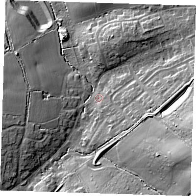 Shaded relief map of the ground around CM166BY, computed from Environment Agency LiDAR. The ground here sits at about 78 m above sea level and falls 26 m across the surrounding 800 m. Surface water reaching this point runs off ground lying to the east-south-east, 21.6 m higher.
