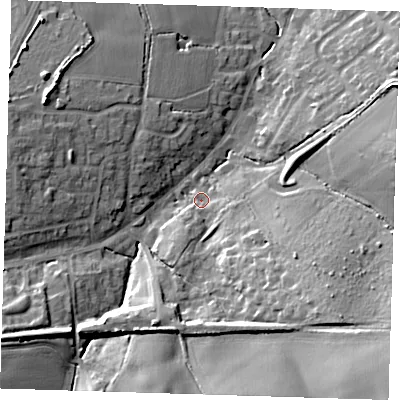 Shaded relief map of the ground around CM166DA, computed from Environment Agency LiDAR. The ground here sits at about 80 m above sea level and falls 24 m across the surrounding 800 m. Surface water reaching this point runs off ground lying to the south-east, 15.0 m higher.