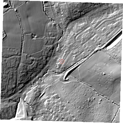 Shaded relief map of the ground around CM166DB, computed from Environment Agency LiDAR. The ground here sits at about 80 m above sea level and falls 22 m across the surrounding 800 m. Surface water reaching this point runs off ground lying to the east-south-east, 1.9 m higher.