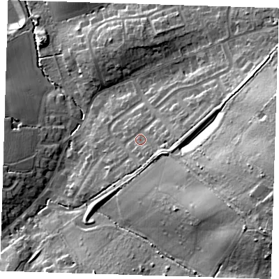 Shaded relief map of the ground around CM166DH, computed from Environment Agency LiDAR. The ground here sits at about 83 m above sea level and falls 31 m across the surrounding 800 m. Surface water reaching this point runs off ground lying to the east-south-east, 6.9 m higher.