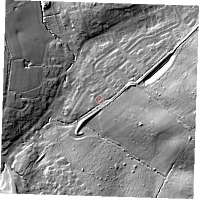 Shaded relief map of the ground around CM166DJ, computed from Environment Agency LiDAR. The ground here sits at about 82 m above sea level and falls 27 m across the surrounding 800 m. Surface water reaching this point runs off ground lying to the east, 19.0 m higher.
