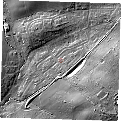 Shaded relief map of the ground around CM166DL, computed from Environment Agency LiDAR. The ground here sits at about 84 m above sea level and falls 30 m across the surrounding 800 m. Surface water reaching this point runs off ground lying to the east-north-east, 8.6 m higher.