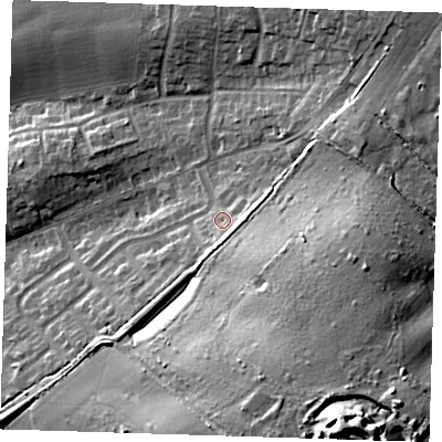 Shaded relief map of the ground around CM166DP, computed from Environment Agency LiDAR. The ground here sits at about 89 m above sea level and falls 30 m across the surrounding 800 m. Surface water reaching this point runs off ground lying to the east, 4.1 m higher.