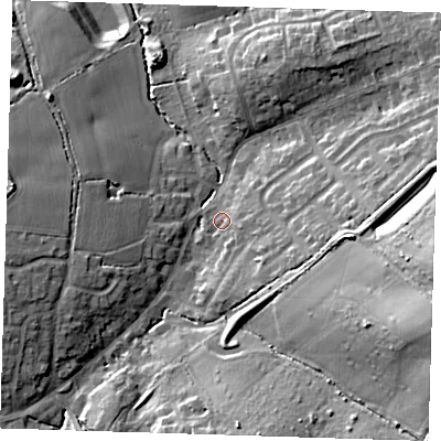Shaded relief map of the ground around CM166DR, computed from Environment Agency LiDAR. The ground here sits at about 78 m above sea level and falls 25 m across the surrounding 800 m. Surface water reaching this point runs off ground lying to the east-south-east, 20.2 m higher.