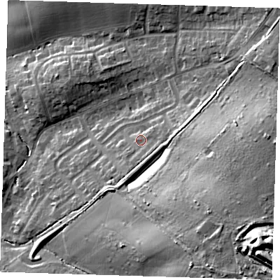 Shaded relief map of the ground around CM166DW, computed from Environment Agency LiDAR. The ground here sits at about 86 m above sea level and falls 32 m across the surrounding 800 m. Surface water reaching this point runs off ground lying to the south-east, 3.1 m higher.