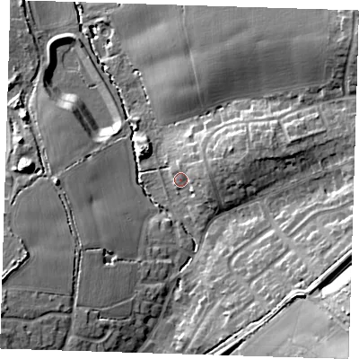 Shaded relief map of the ground around CM166FR, computed from Environment Agency LiDAR. The ground here sits at about 78 m above sea level and falls 23 m across the surrounding 800 m. Surface water reaching this point runs off ground lying to the east, 4.9 m higher.