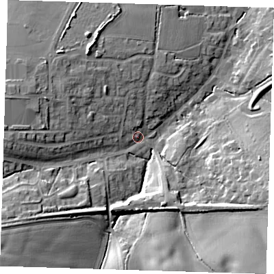 Shaded relief map of the ground around CM166HN, computed from Environment Agency LiDAR. The ground here sits at about 83 m above sea level and falls 19 m across the surrounding 800 m. Surface water reaching this point runs off ground lying to the west-south-west, 13.0 m higher.