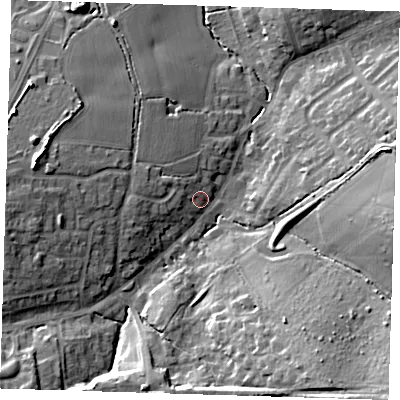 Shaded relief map of the ground around CM166HW, computed from Environment Agency LiDAR. The ground here sits at about 80 m above sea level and falls 20 m across the surrounding 800 m. Surface water reaching this point runs off ground lying to the west, 8.1 m higher.