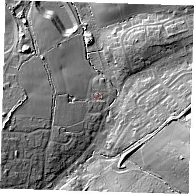 Shaded relief map of the ground around CM166HY, computed from Environment Agency LiDAR. The ground here sits at about 78 m above sea level and falls 20 m across the surrounding 800 m. Surface water reaching this point runs off ground lying to the west-south-west, 13.1 m higher.