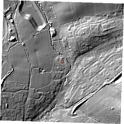 Shaded relief map of the ground around CM166HZ, computed from Environment Agency LiDAR. The ground here sits at about 78 m above sea level and falls 22 m across the surrounding 800 m. Surface water reaching this point runs off ground lying to the south-east, 17.8 m higher.