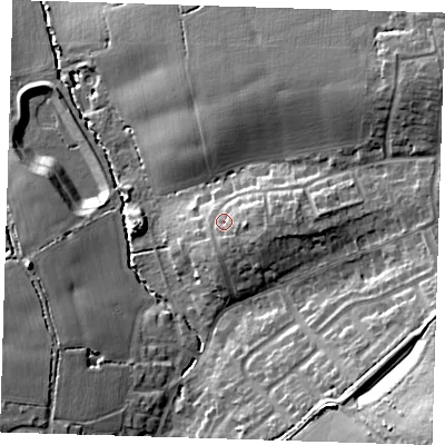 Shaded relief map of the ground around CM166JE, computed from Environment Agency LiDAR. The ground here sits at about 82 m above sea level and falls 26 m across the surrounding 800 m. Surface water reaching this point runs off ground lying to the east, 3.5 m higher.