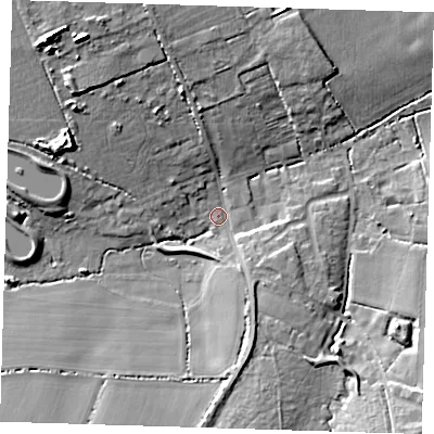 Shaded relief map of the ground around CM166LL, computed from Environment Agency LiDAR. The ground here sits at about 78 m above sea level and falls 15 m across the surrounding 800 m. Surface water reaching this point runs off ground lying to the north-west, 12.4 m higher.