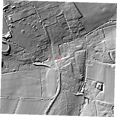 Shaded relief map of the ground around CM166LP, computed from Environment Agency LiDAR. The ground here sits at about 78 m above sea level and falls 15 m across the surrounding 800 m. Surface water reaching this point runs off ground lying to the north-west, 12.9 m higher.