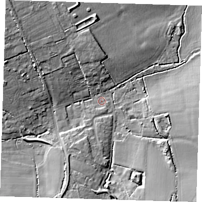 Shaded relief map of the ground around CM166NB, computed from Environment Agency LiDAR. The ground here sits at about 77 m above sea level and falls 11 m across the surrounding 800 m. Surface water reaching this point runs off ground lying to the north-west, 9.1 m higher.